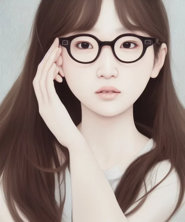 a realistic portrait of beautiful young Korean gamer girl ,hands on the Chen , brown hair, round glasses,white headfone,adorable, seductive and sexy looking, slight smile, intricate, elegant, highly detailed eyes, digital painting, 8k, artstation, concept art, smooth, sharp focus, illustration, studio quality, art by victo ngai