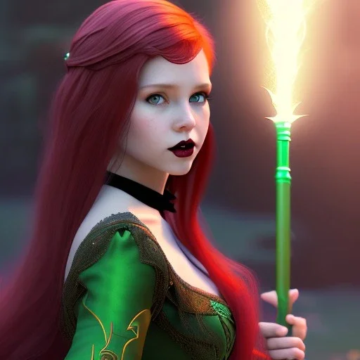 Gorgeous teenage girl with red hair who is dressed like a witch casting a spell with a staff, magic is all around her, green eyes, background is realistic space, goth girl dress, full body portrait, arm colors gradient effect into stars, rendered, unity 3d, unreal engine, dslr, hdr, 4k, edited, photorealistic, normal number of appendages, freckles, artists rendering