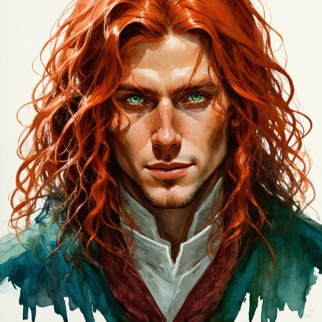 dnd, fantasy, watercolour, stylistic, portrait, illustration, dull colours, male, face, narrow long face, weathered face, green eyes, determined, happy, red hair, very long hair streaming down the shoulders, radiating light, five o'clock shadow, softer facial features, dignified