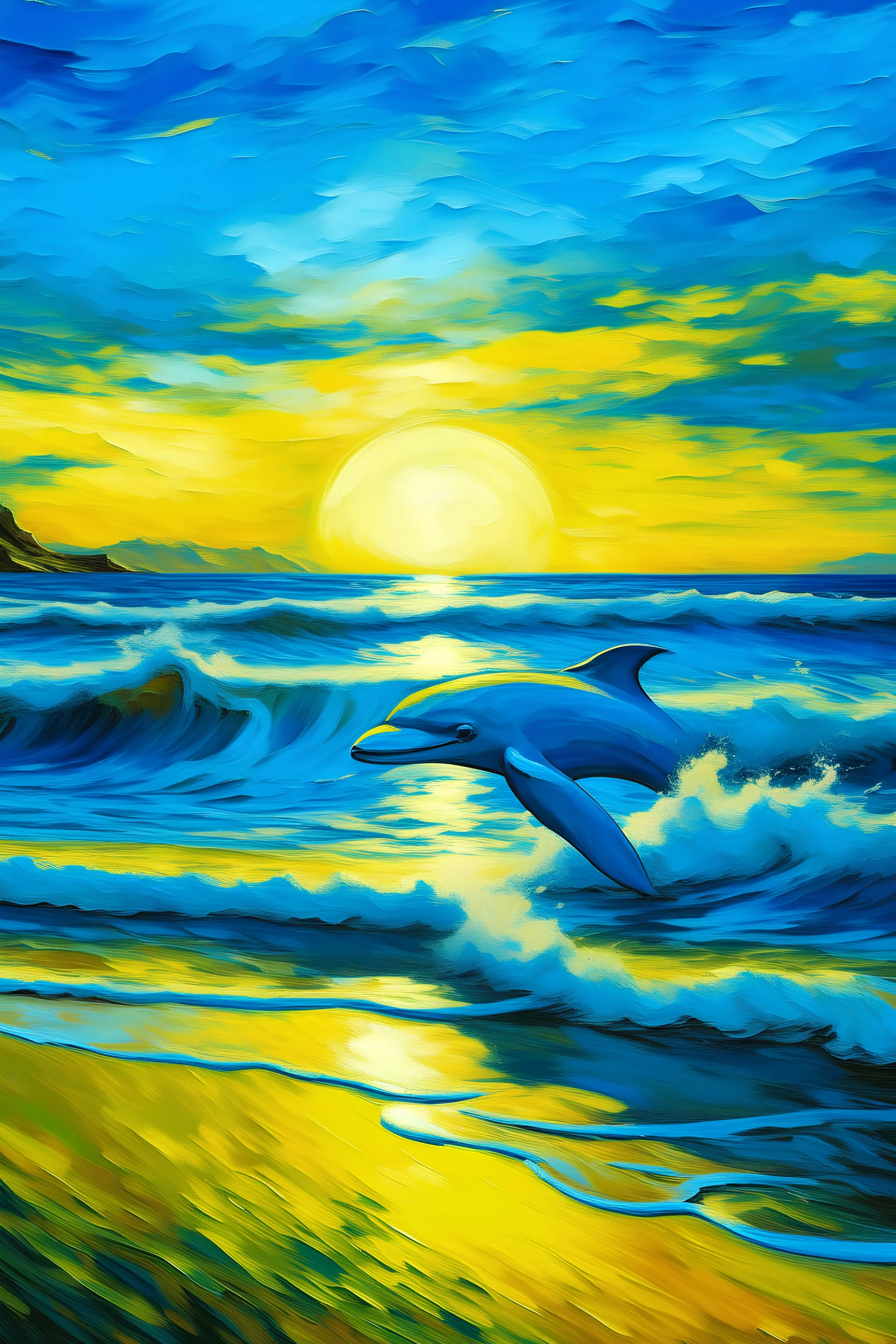 Paisaje de playa con delfín a estilo van goh