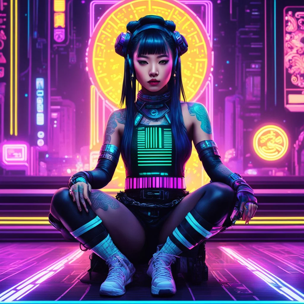 [psychedelic pixel illustration by Jannell Jaquays with Solstice colour palette] Neon Void (AcidHouse Space Opera) a Neo-cyberpunk asian warrior girl with barcode tattoo sits in front of the camera, ready to engage, casino in the background