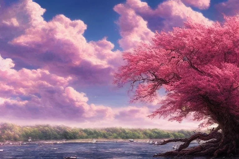 higly-detailed, epic landscape, river, highly detailed, perfect lighting, perfect composition, 4 k, artgerm, hudson river scool, big old tree, sunny day, large sea, boats, pink clouds