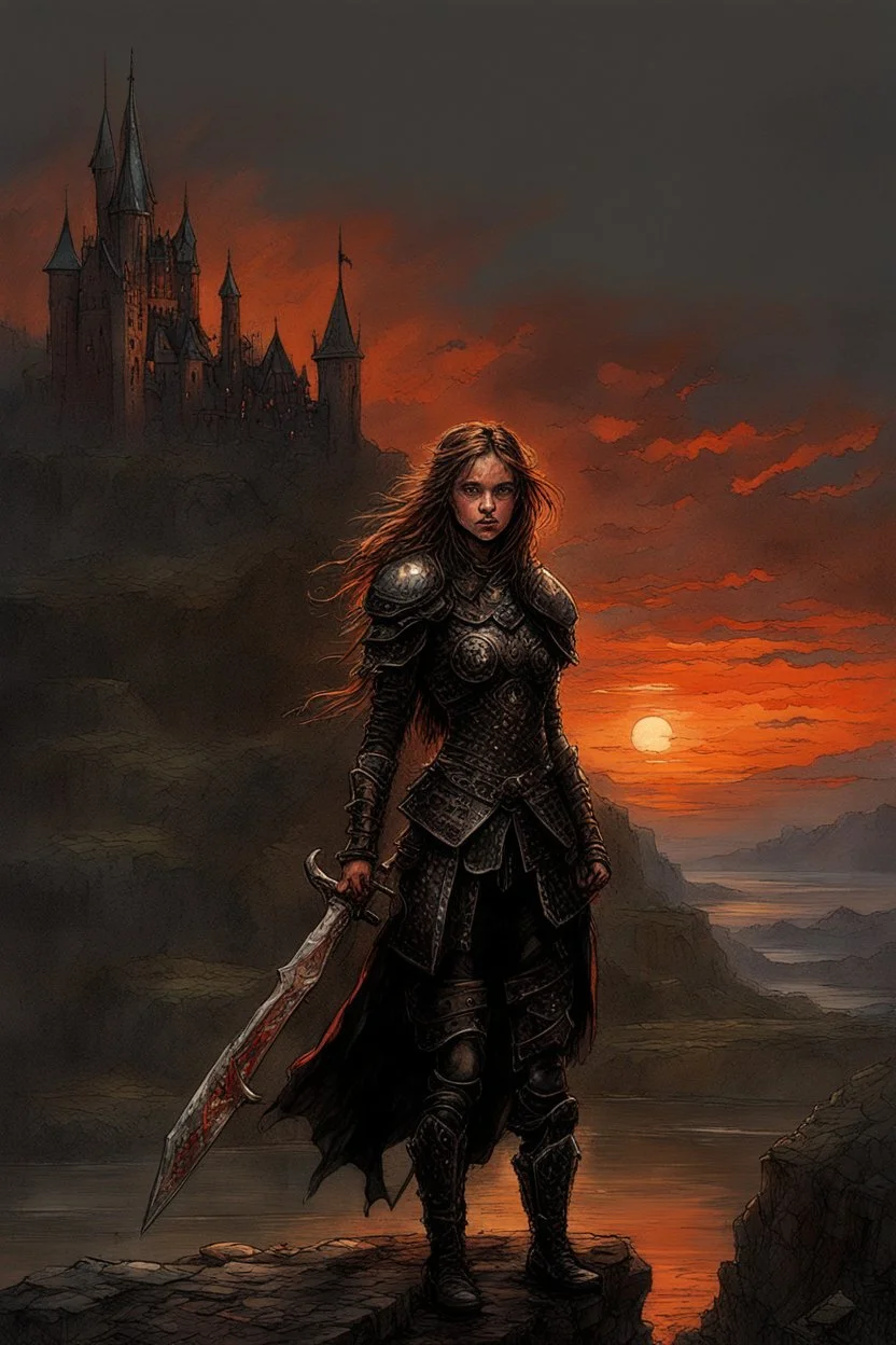 A formidable warrior girl in black armor, on the background Amazing gloomy landscape, flooded with sunset, mountains, trees, fabulous scary hero, , juicy emotions, painting, dark fantasy, gloomy day, dark world, portrait, Gothic Town At Night, Fantasy, Intricate Details, Castle Courtyard Gardens, Hyper Detailed, Jean Baptiste Monge, Carne Griffiths, Michael Garmash, Seb Mckinnon, Masterpiece