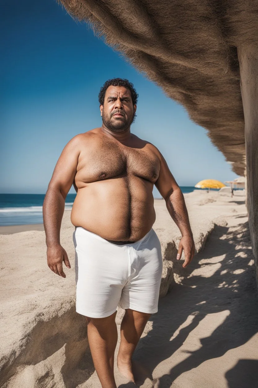 full figure shot photography of a tired chubby burly 38 years old ugly arab carpenter, tank top, big nose, tattoo, unshaved, short curly hair, manly chest, angry eyes, white boxer, open legs , at the beach in the sun, big shoulders, big tights, side light, ground view angle