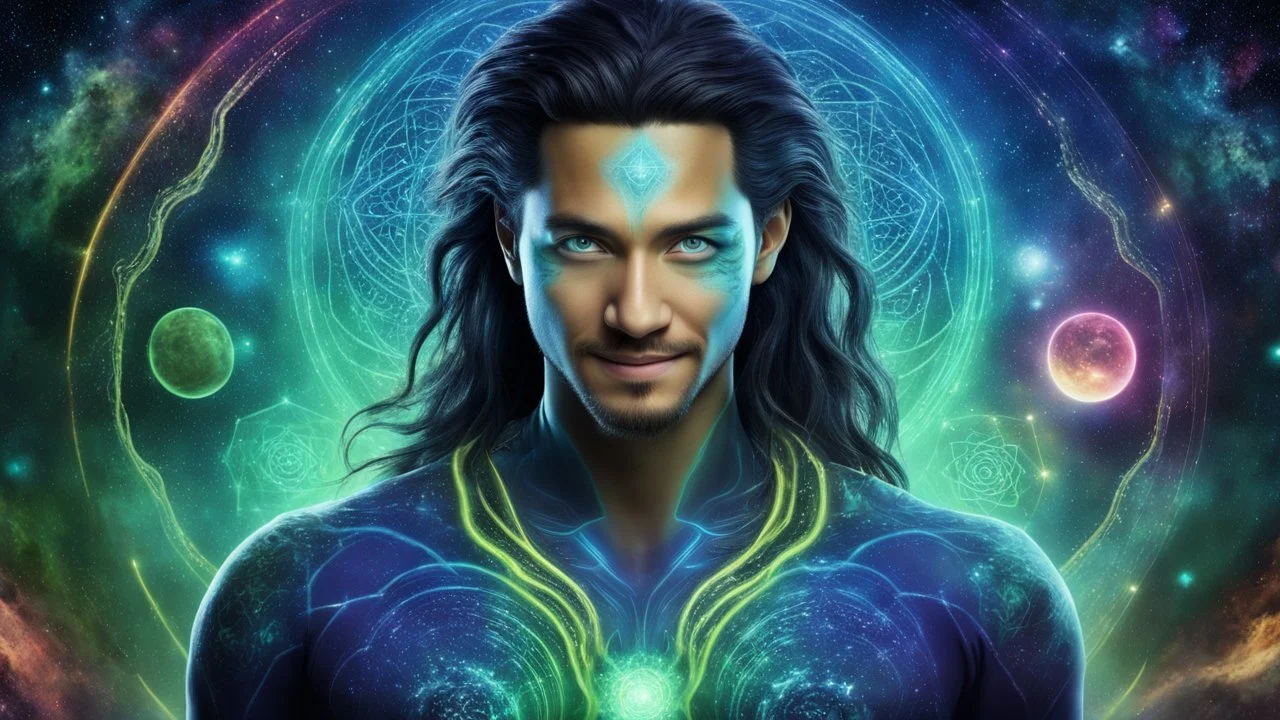 beautiful gorgeous young man na'vi with long hair, Avatar, blue skin, two small ears, green eyes, black hair, in cosmic suit, galactic ambiance, medium pointy goatee , smiling, nebulas and sacred geometry light figures on the backgroud,