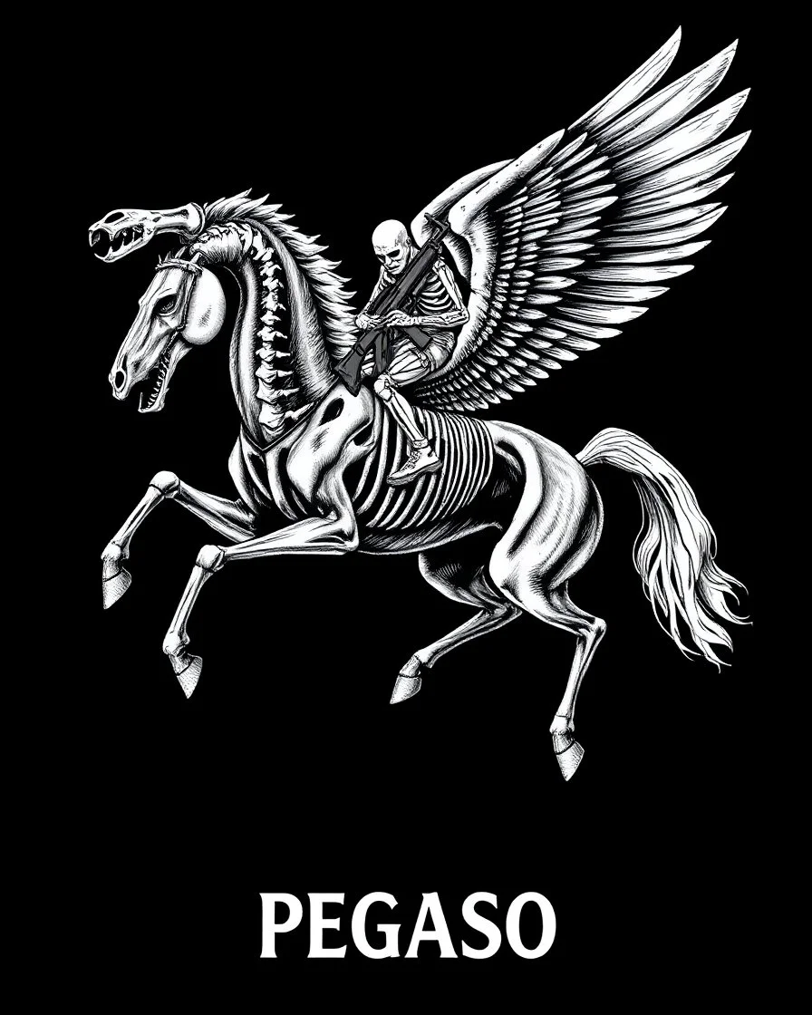 A detailed and macabre illustration of the winged pegasus horse flying, with the jaw and chest bones clearly visible. On the pegasus horse there is a man rider with all his body bones clearly visible, the man rider carries a large AK 47 rifle on his back. The background of the image is black. Below the text "PEGASO".