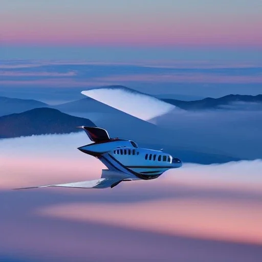 small hondajet flying, sunrise on horizon, mountains in distance