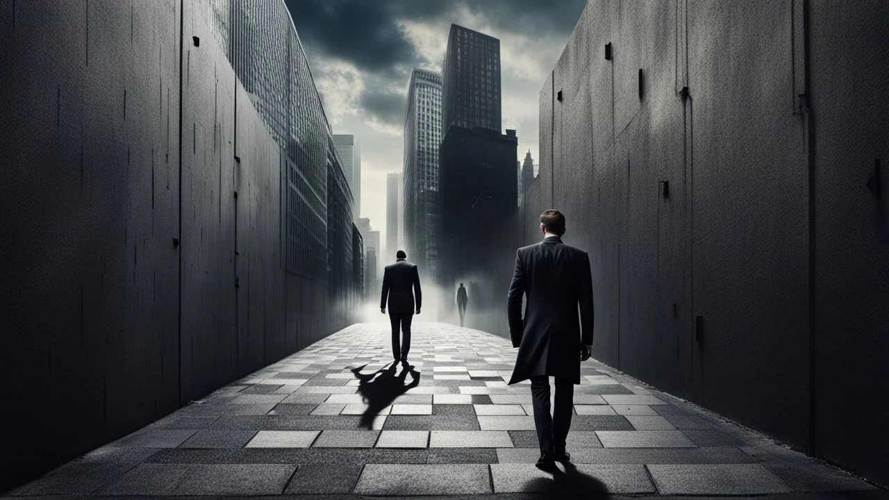 a high realistic photo from a business man walkings on street and behind his own shadow into an devil walking on big wall , modern city, weird atmosphere.detalied, sharp focus, surreal mood, thriller, dark dream