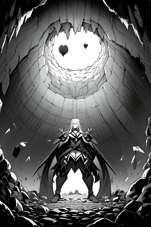 A black heart in the center of an immense cave., greyscale