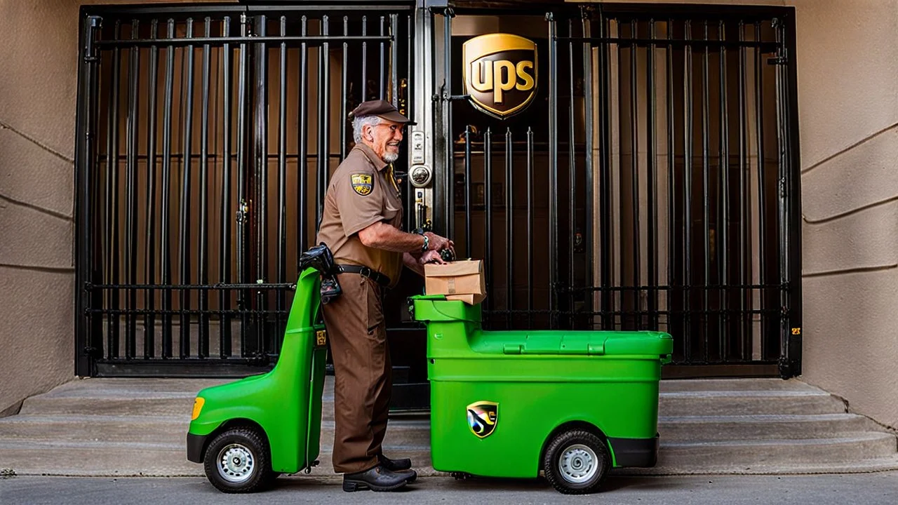 UPS delivery man with green crocs is at the gate