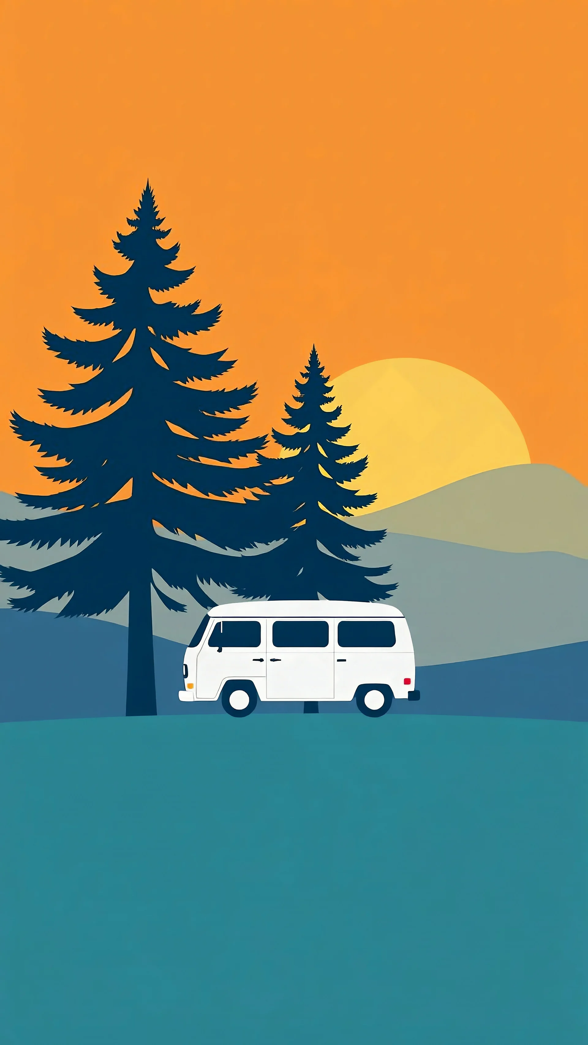 A white van on the horizon, two pine trees next to it, simple background, flat design, simple shapes, minimalist style, warm colors, solid-colored sky in the background, simple shapes, minimalist design, solid orange and yellow background, simple shapes, minimalist style.