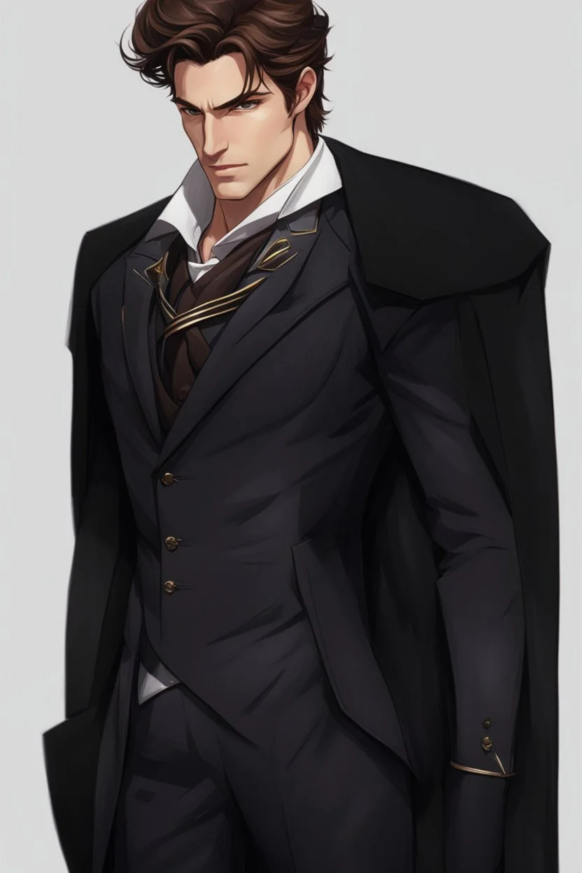 A white male, pointy ears, warlock in a suit, brown hair and brown eyes, fit and handsome. Realistic