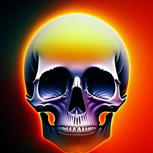 Aleksander Kotsis has created a digital artwork featuring a close-up view of a skull against a colorful background. The psychedelic art piece incorporates elements such as "liquid fire," "yellow infrared," and a "whirling death" to create a vibrant, 70s-inspired aesthetic reminiscent of artist Beeple's style. Additionally, the artwork features elements of colored analog photography and voodoo, resulting in a unique and visually striking composition. The aspect ratio of the artwork is 2:3.