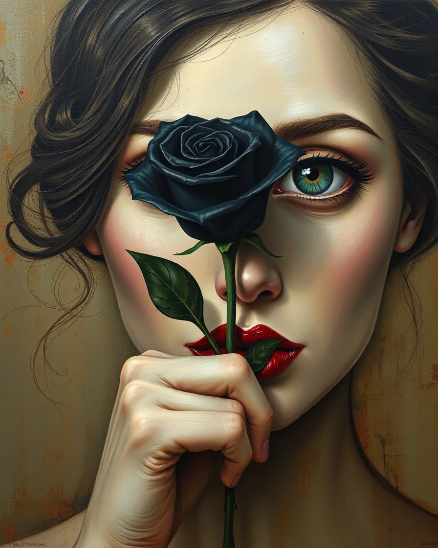 painting of a woman with a wide eyes holding a black rose , surrealist painting, surrealist artwork, emotional surrealist art, abstract surrealist, a surrealist painting, surrealist art , abstract surrealism, abstract surrealism masterpiece, surreal painting, contemporary surrealism, magically shaped surrealism