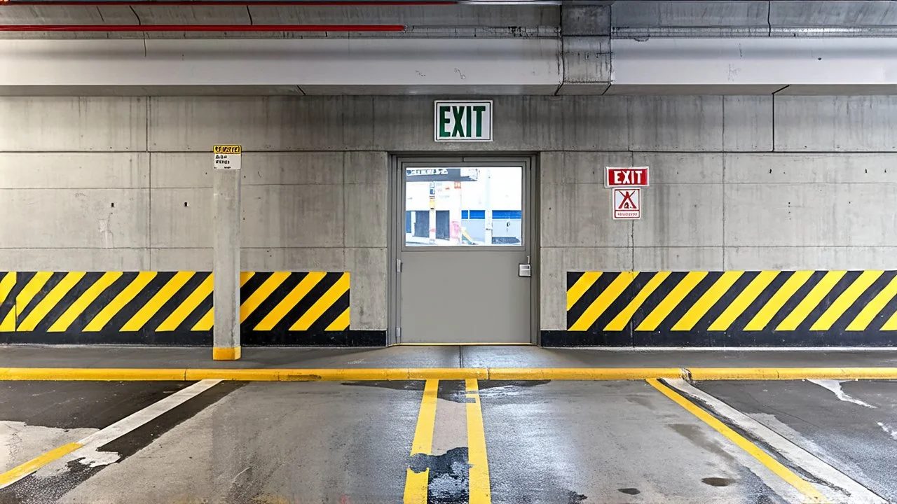 wall design for parking garage, concrete, yellow painted hazard lines, weathering and water stains, in middle is an exit doorway with small window, with a sign is above. rough painted hashmarks and parking lines, add signage found in a parking garage.