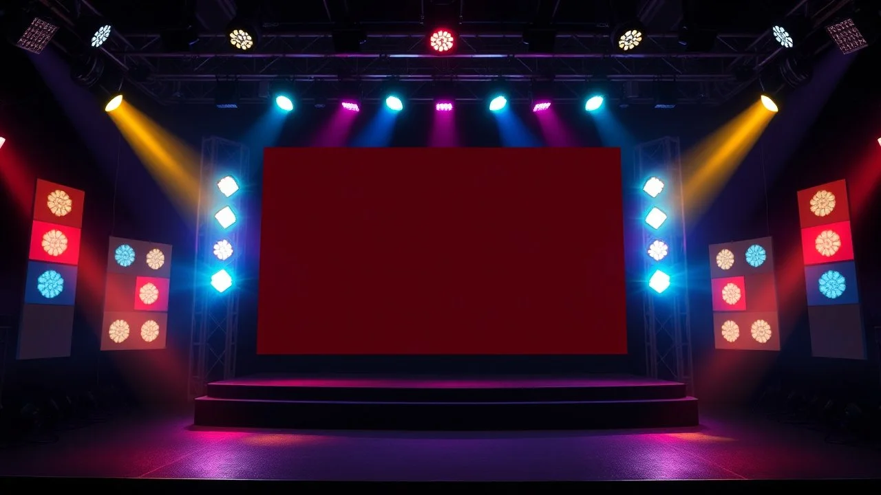 color graphic show stage with flash lights empty larg screen at back