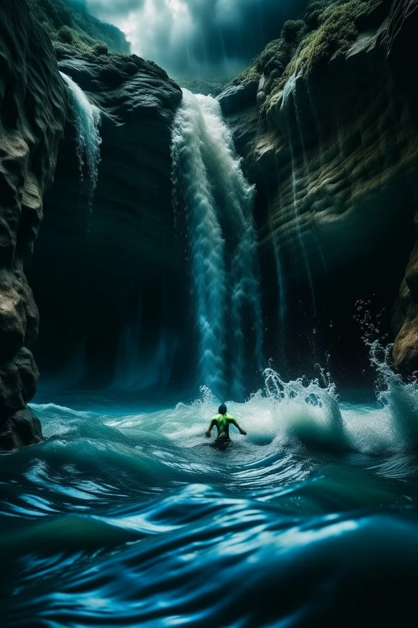 A cave with covered with waterfalls