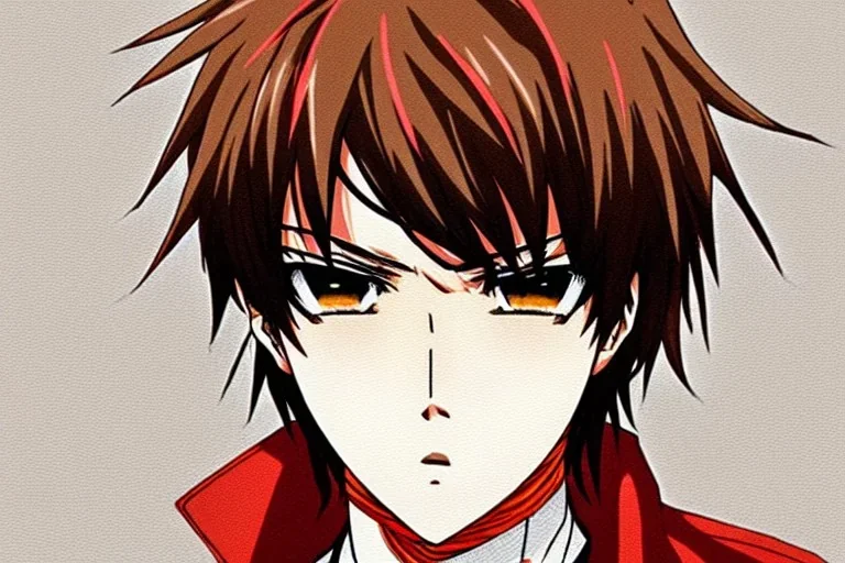 Detailed pretty anime boy, brown hair with blonde strips, keep head in frame, headshot, glaring, brown eyes, covered in bandages, looking serious, illustration, digital painting, only one character, color scheme red, wearing many bandages, Osamu Dazai inspired, anime inspired, manga, dazai, red hair, Chuuya, pretty, scruffy, angry, brooding, manga inspired, small nose, long lower eyelashes, handsome, one character, headshot, glaring, cute, wearing a bandage on neck, small nose, scruffy hair