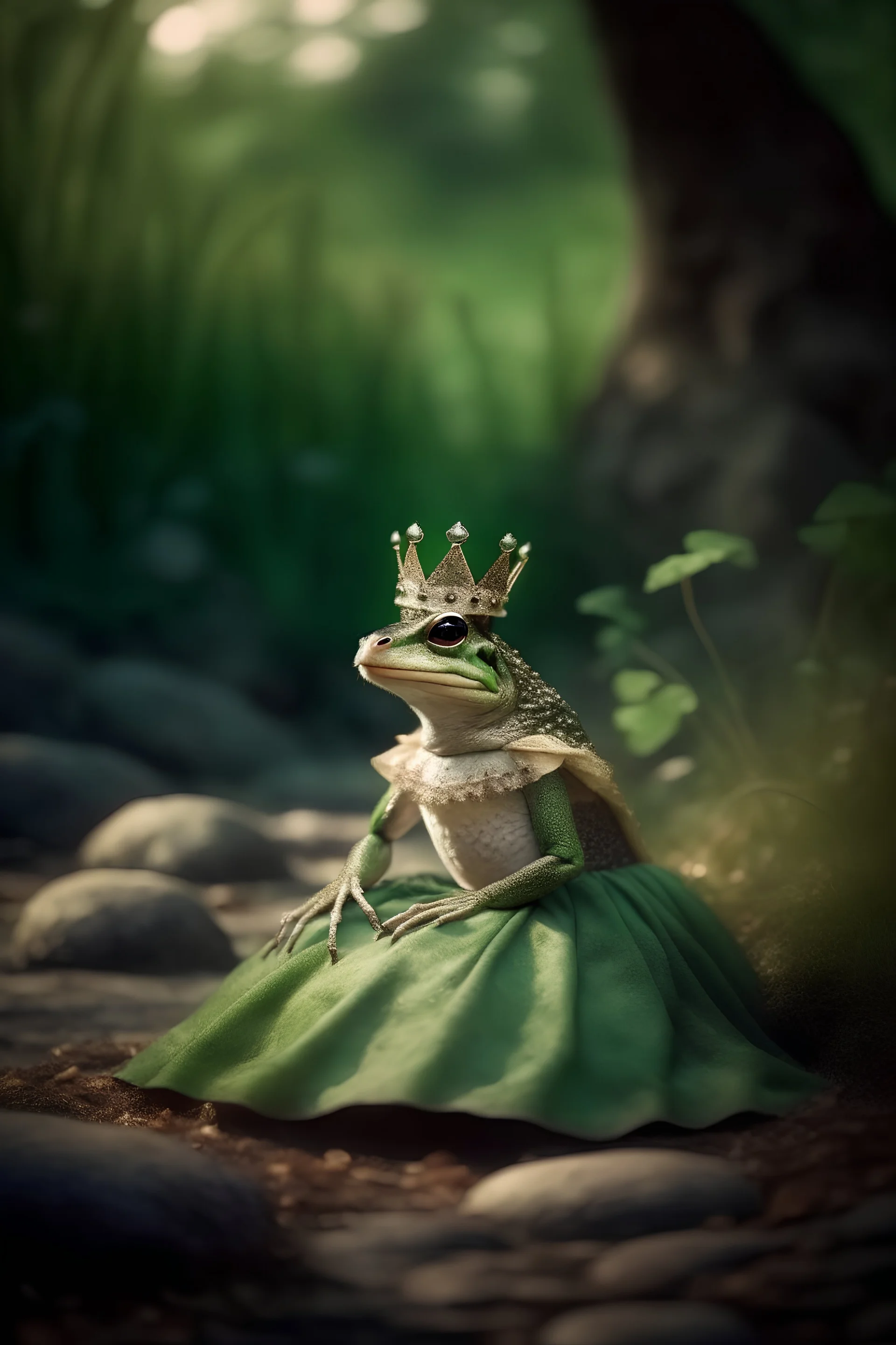 Cute lady frog in dress and crown dressed in gown in cinematic environment