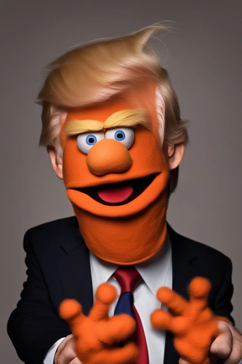 angry Donald Trump as an angry muppet puppet with a face made out of orange felt from sesame street show, his mouth is a circle