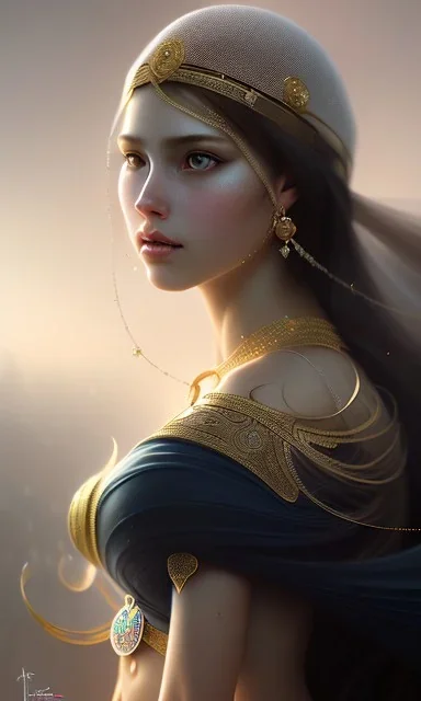 Arab princess She wears a veil , cute, beautiful, long hair, wavy hair, black eyes, head and shoulders portrait, cinematic, 8k, resolution concept art portrait by Greg Rutkowski, Artgerm, WLOP, Alphonse Mucha dynamic lighting hyperdetailed intricately detailed