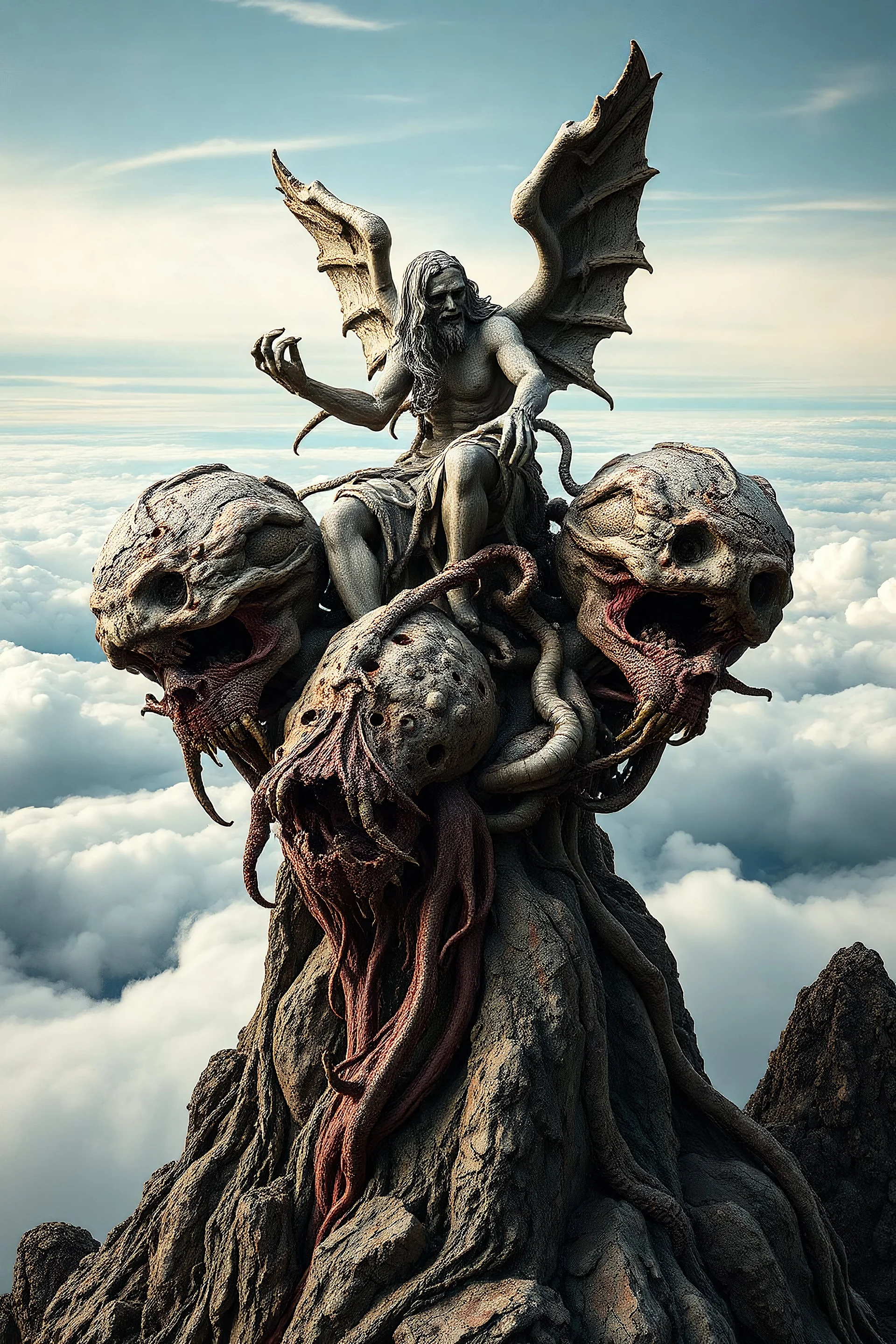 sculpture of god above the clouds on a top of a mountain , decayed and rotting with grotesque proportions and imagery. abstract grotesqueries, detailed texture, surreal horror, biomechanical design, by hr giger and beksinski