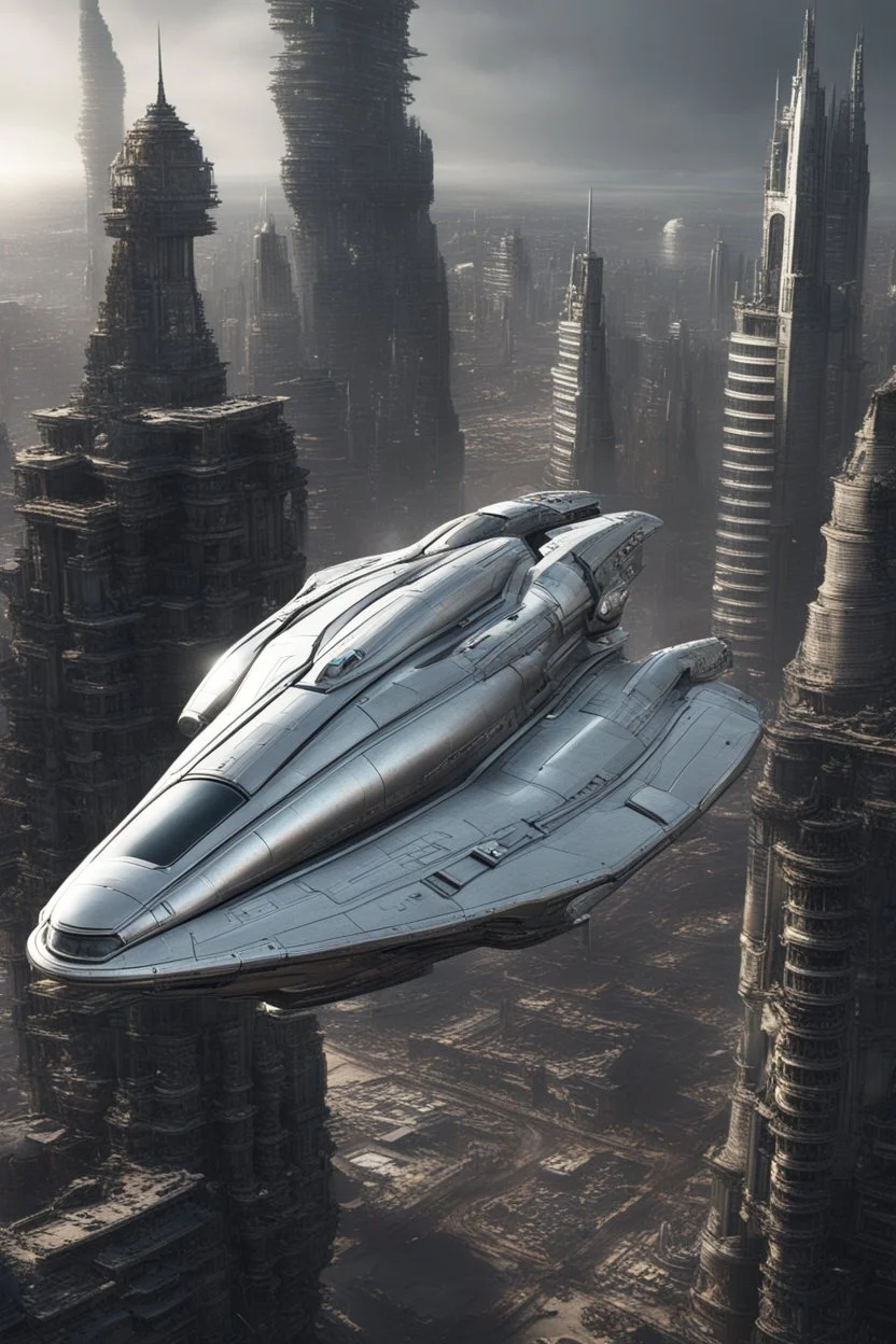 a photorealistic sleek silver spaceship flying over a futuristic ruined city