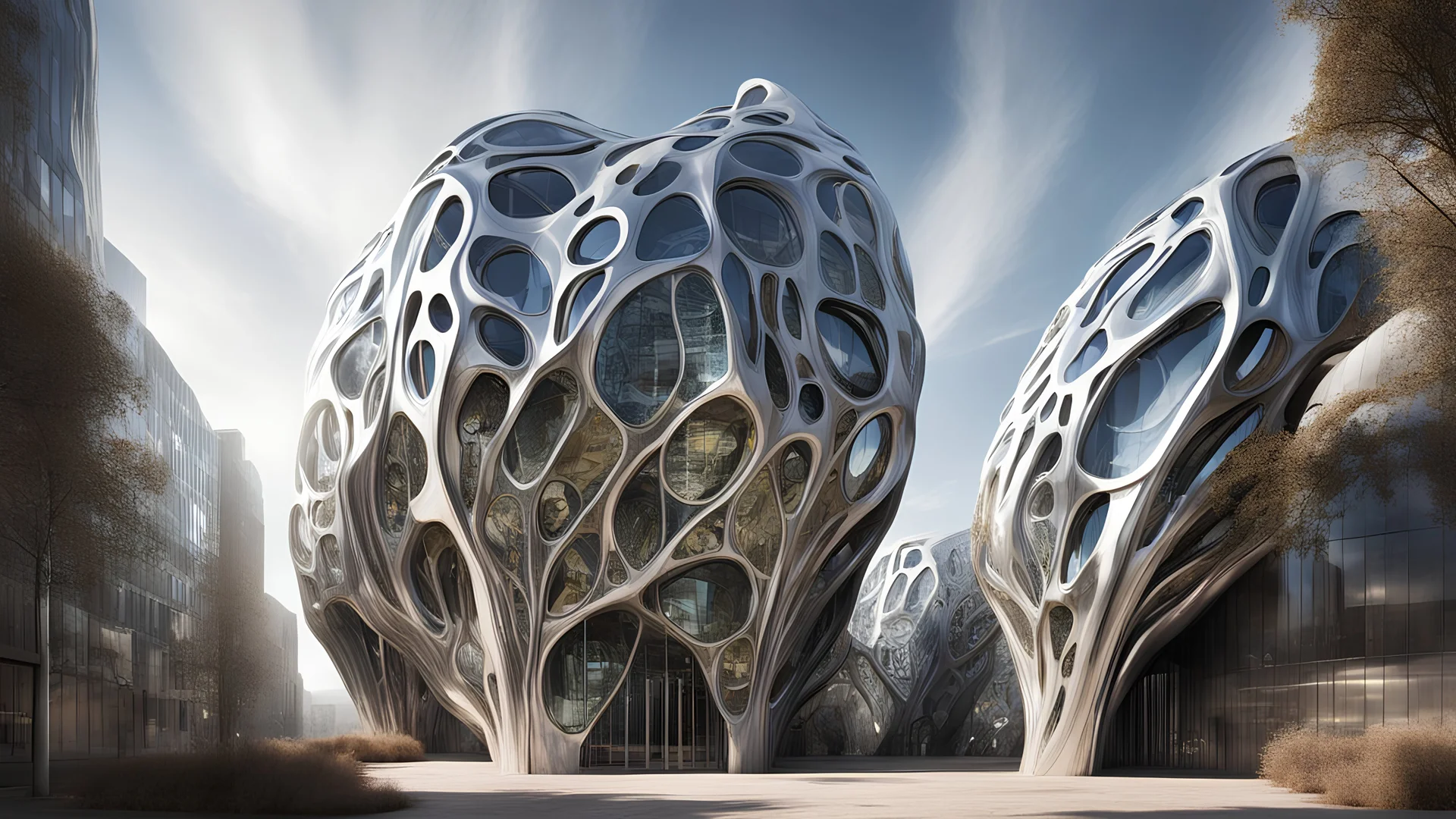 An otherworldly landscape filled with biomechanic organic composition buildings that have a striking resemblance to living organisms. The buildings are adorned with titanium scale skin that glimmers in the sunlight, giving them an ethereal quality. Windows that mimic gills line the structures, creating a mesmerizing visual effect. As walkers traverse the landscape, they can't help but stop and admire the intricate design of the buildings, marveling at the seamless fusion of nature and machinery.