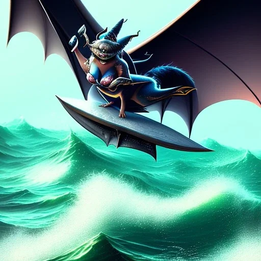 close up of fat girl with bat wings surfing the waves, fantasy art, movie poster