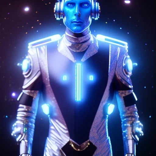 Handsome galactic man, glitter blue and white cyborg suit with jewels, blond hair, blue eyes, cinematic lights, full details, hight quality, unreal engine 5, 4k, cosmic stars background