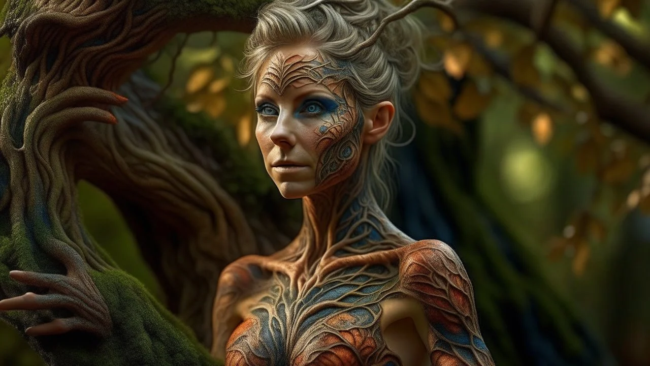 "stunning beautiful lady who camouflages herself with her skin like a chameleon in a fairy tree intricate details, HDR, beautifully shot, hyperrealistic, sharp focus, 64 megapixels, perfect composition, high contrast, cinematic, atmospheric, moody", highly detailed digital painting artstation concept art sharp focus smooth elegant illustration intricate 8k ray tracing and h.r. giger