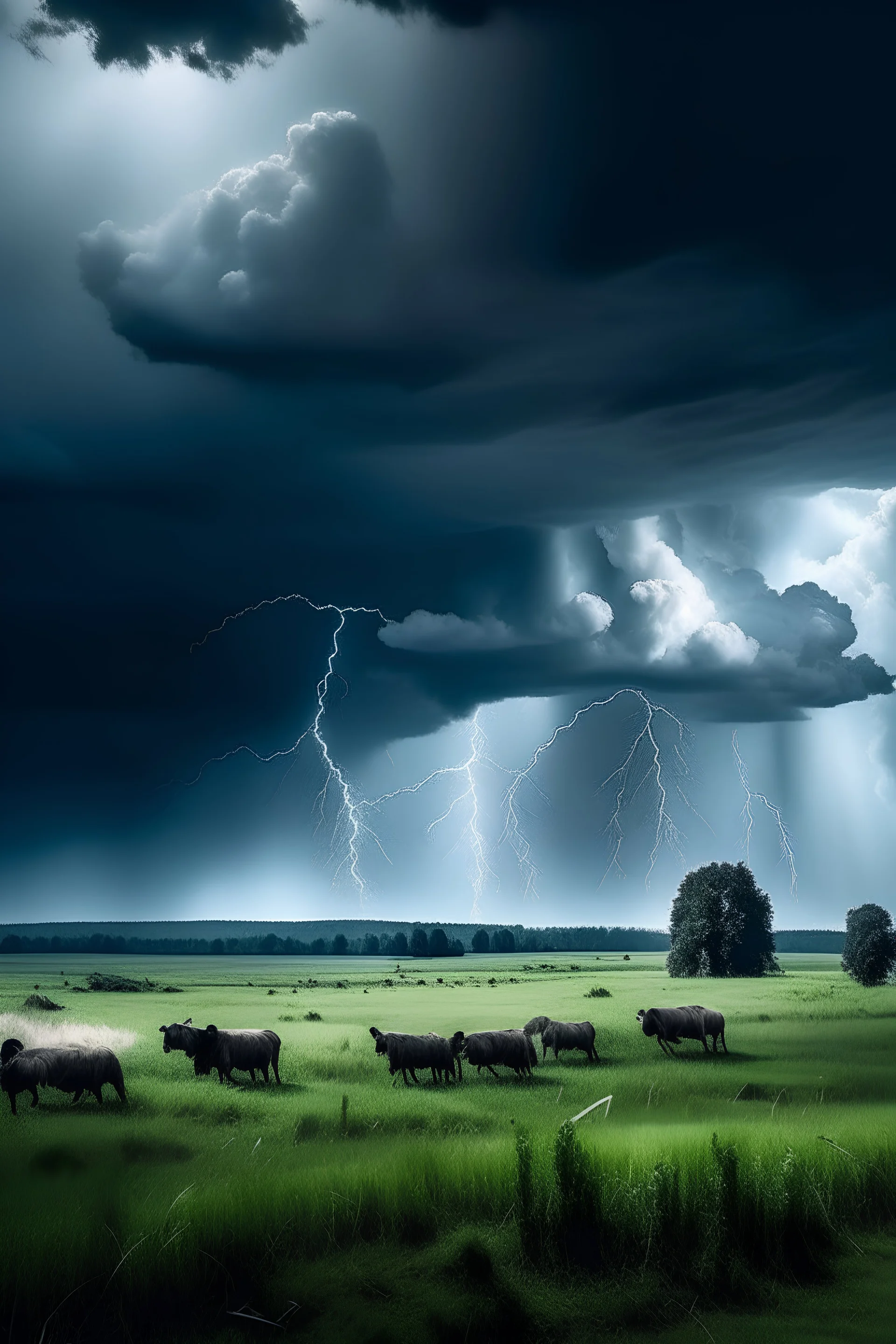 vista de un paisaje campal con unas nubes grises gigantes con rayos cayendo con animales feroces con tonos azulados y negros