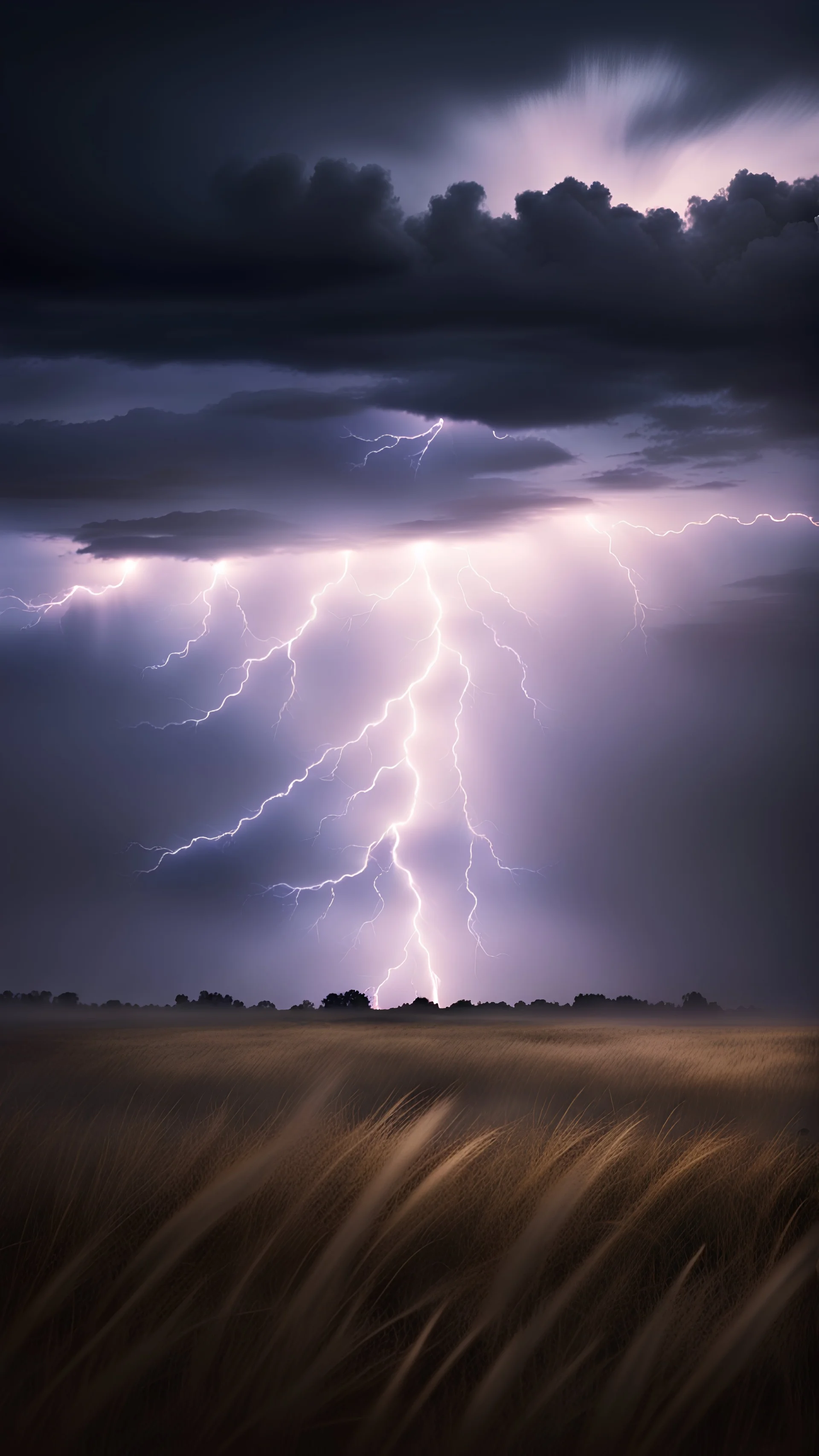 A night foggy thunderstorm field, in the distance lightning flashes somewhere, dry grass, dark clouds