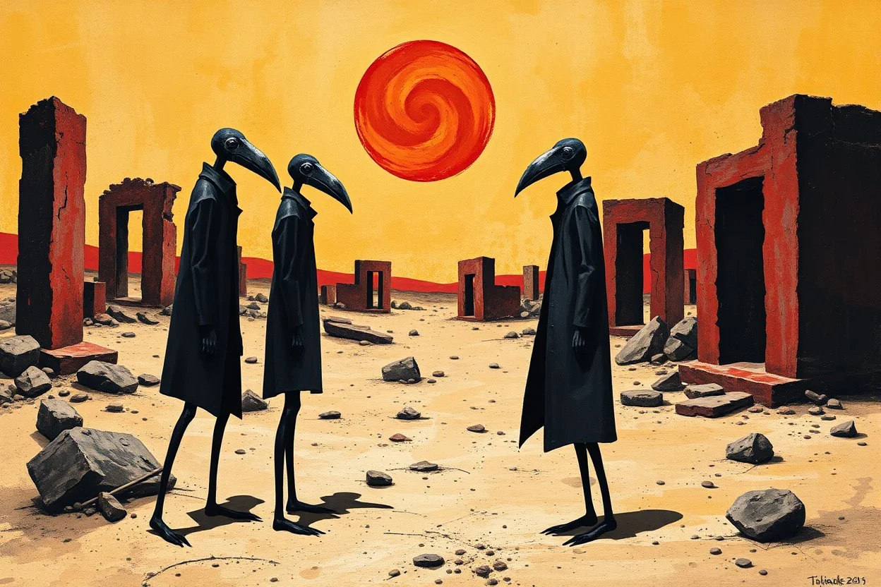 ong-legged surreal lean black-grey figures with beak-shaped heads in overcoat, profile, semi-silhouettes among ramshackle ruins in a barren landscape of red, yellow, black and beige colors, intricate acrylic painting