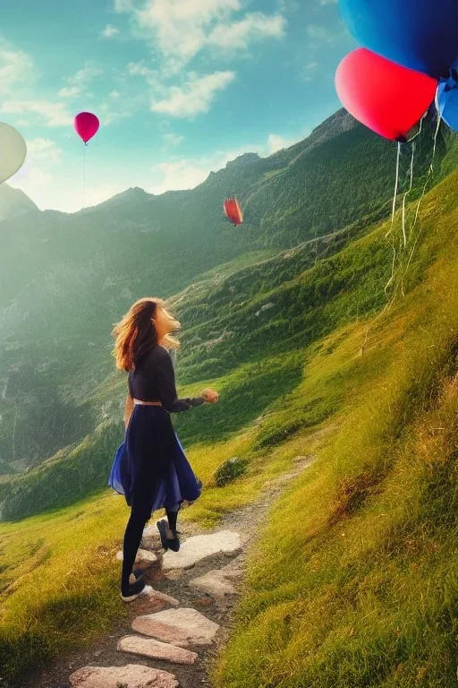 A beautiful girl walking along a mountain path, walking against the wind with balloons in her hand. nature, HD photography, Galen Rowell, David Muench, perfect composition, gloss, hyperrealism