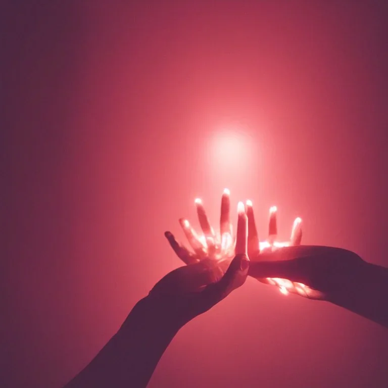 hands holding single pink crystal, dark, glowing, orange light, on an altar in a foggy cave, cinematic, abstract