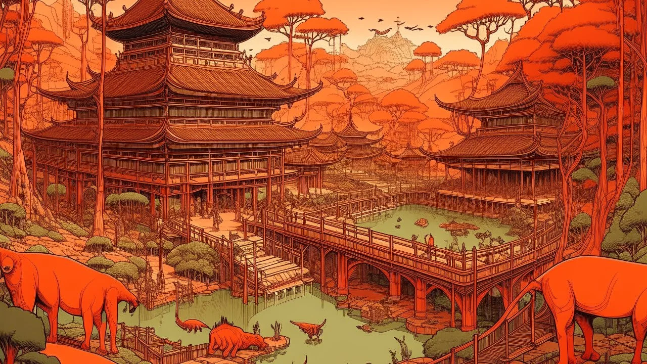 A rosy tannish orange colored cyberpunk zoo designed in African pottery painted by Utagawa Hiroshige