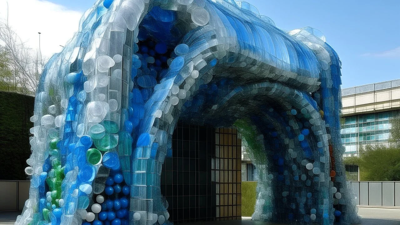 a plastic building structure that blends contemporary art and design, using materials such as Plasticiet and recycled plastic bottles to produce a distinctive and expressive façade. Sculptural and organic shapes