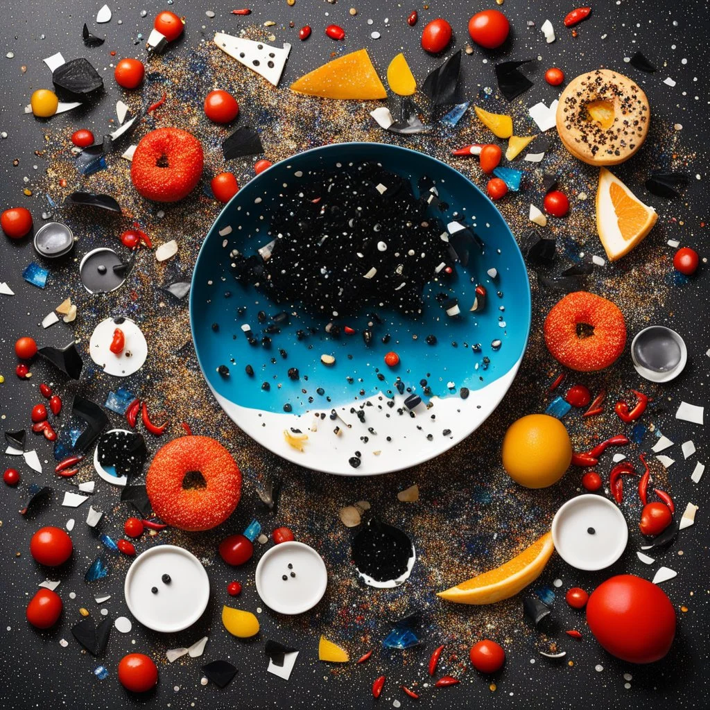 Optimized Prompt A wild, visually chaotic still life from a "Everything Everywhere All at Once" multiverse, presented in a surreal, overflowing breakfast buffet style. At the epicenter sits a cosmic, fractured "Everything Bagel," its surface a swirling black hole of poppy seeds, sesame, infinite glitter, small plastic googly eyes, dried hot peppers, and miniature plastic shards, resting on a porcelain plate that is cracking into geometric dimensions. Surrounding it are dozens of bowls containing