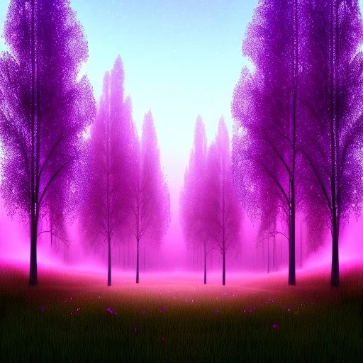 Trees growing pink and purple leaves, glitter, fog, willow, forest, beautiful,night