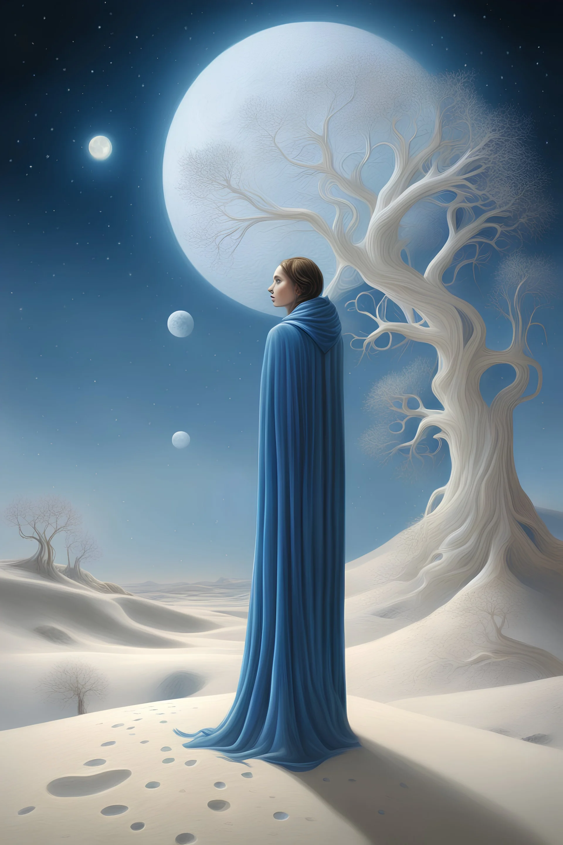 art nouveau, romantic oil painting, a woman in blue cape in a white desert, white tree, holes, sand over a cliff, 3D, HDR, bioluminescence, surrealism, moon and stars, fractal, tropophobia