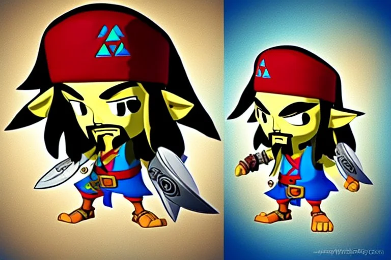 Cartoony and muscular Captain Jack Sparrow, showing his expensive wrist watch, Legend Of Zelda: Wind Waker style, stylized, colorful, adventurous.