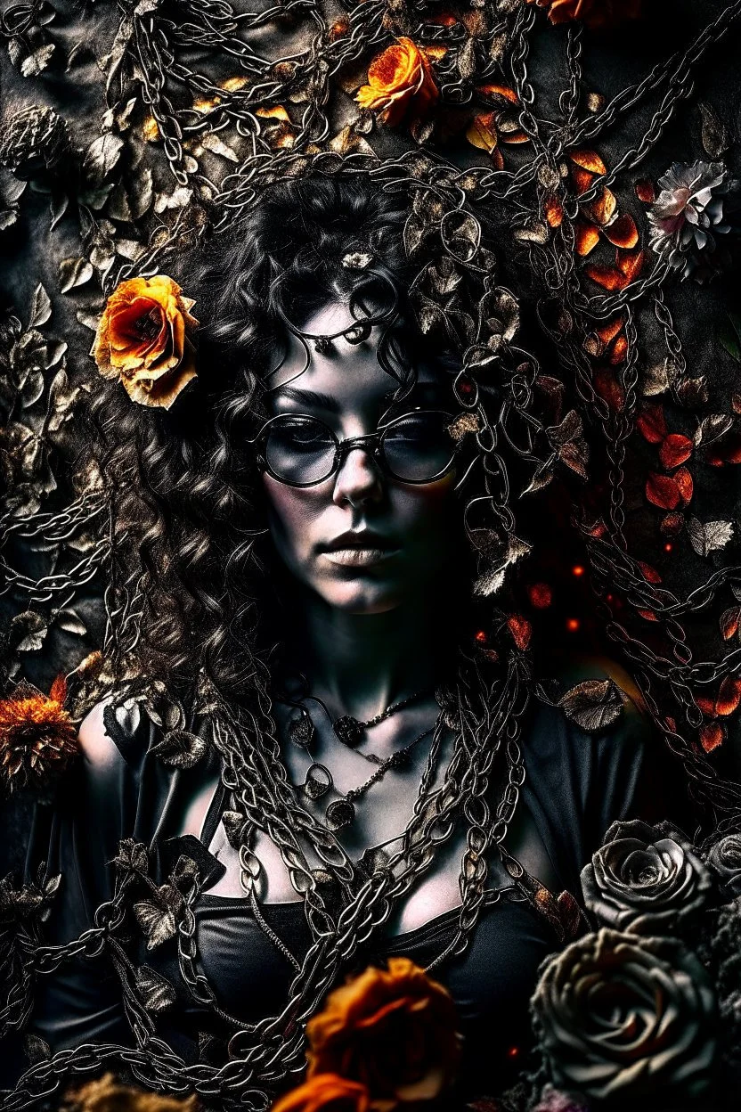 abstract creation of a beautiful woman with black curly hair, surrounded by black roses, thick metal chain broken, glass petals on the ground, autumn colours,dried out thorn bush, chaos,