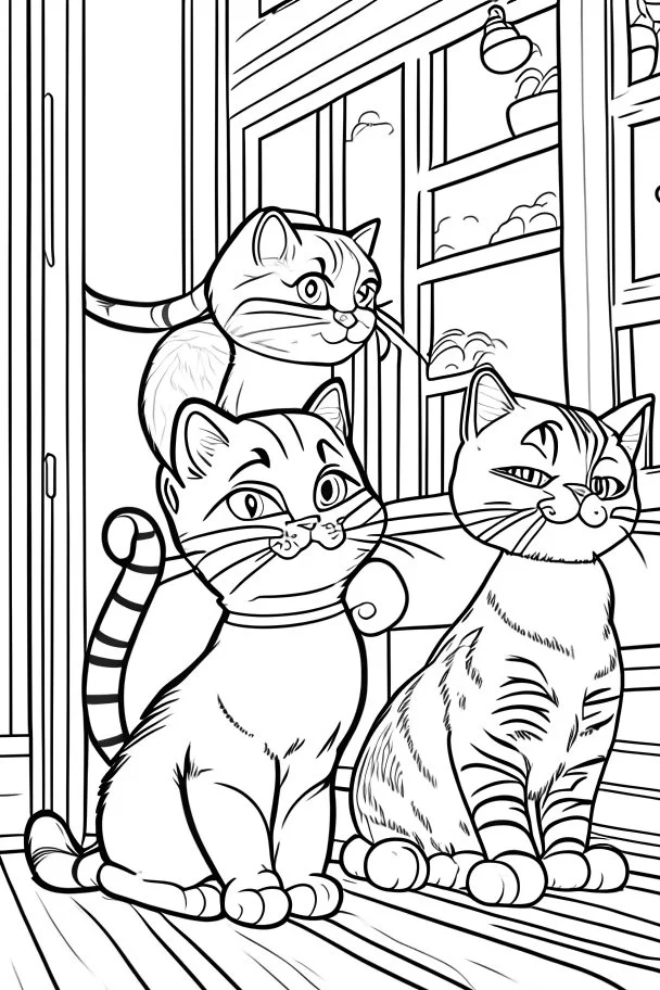 coloring page for kids, Cats in the house, cartoon style, thick lines, low detail, no shading