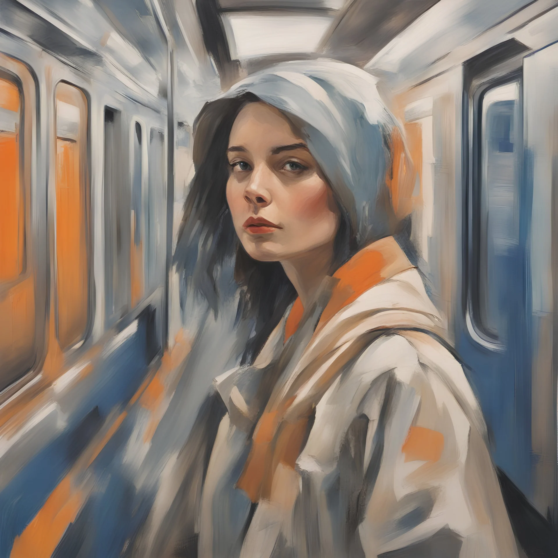 A woman in the métro, in the style of a painting with heavu brushstrokes, blue, Grey, beige, orange