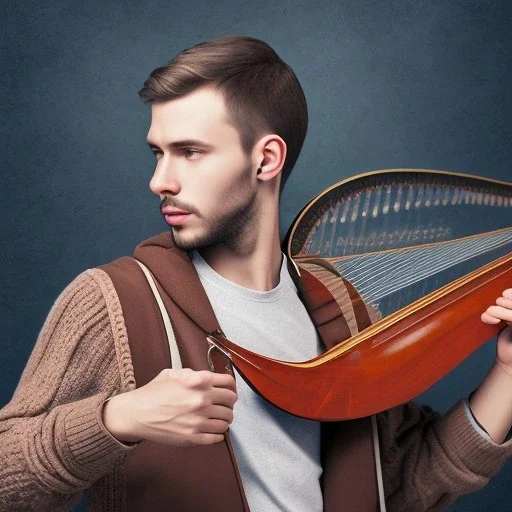 young man with harp, sweater, playing music