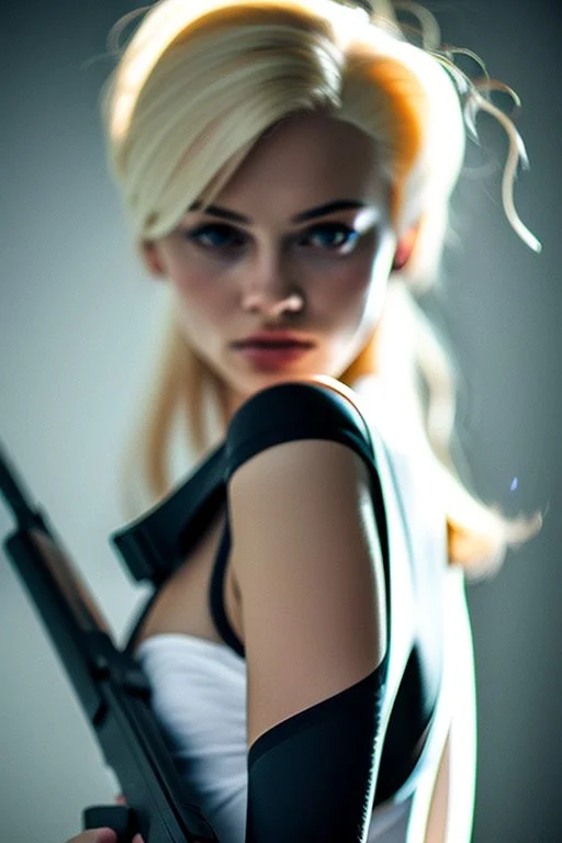 blonde woman with gun, photo realistic, highly detailed, high contrast, extremely sharp detail