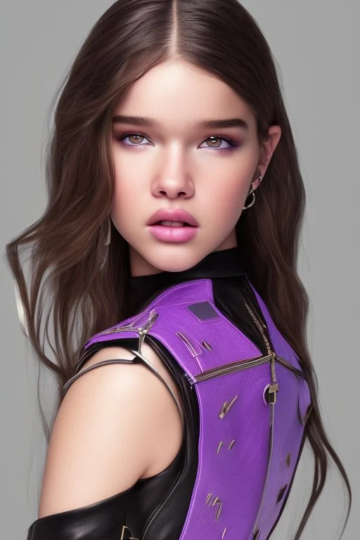 4K Ultra-HD -- Hailee Steinfeld wearing a black leather jacket and a purple halter top --4k Ultra-HD--Hyper realistic--Cinema lighting