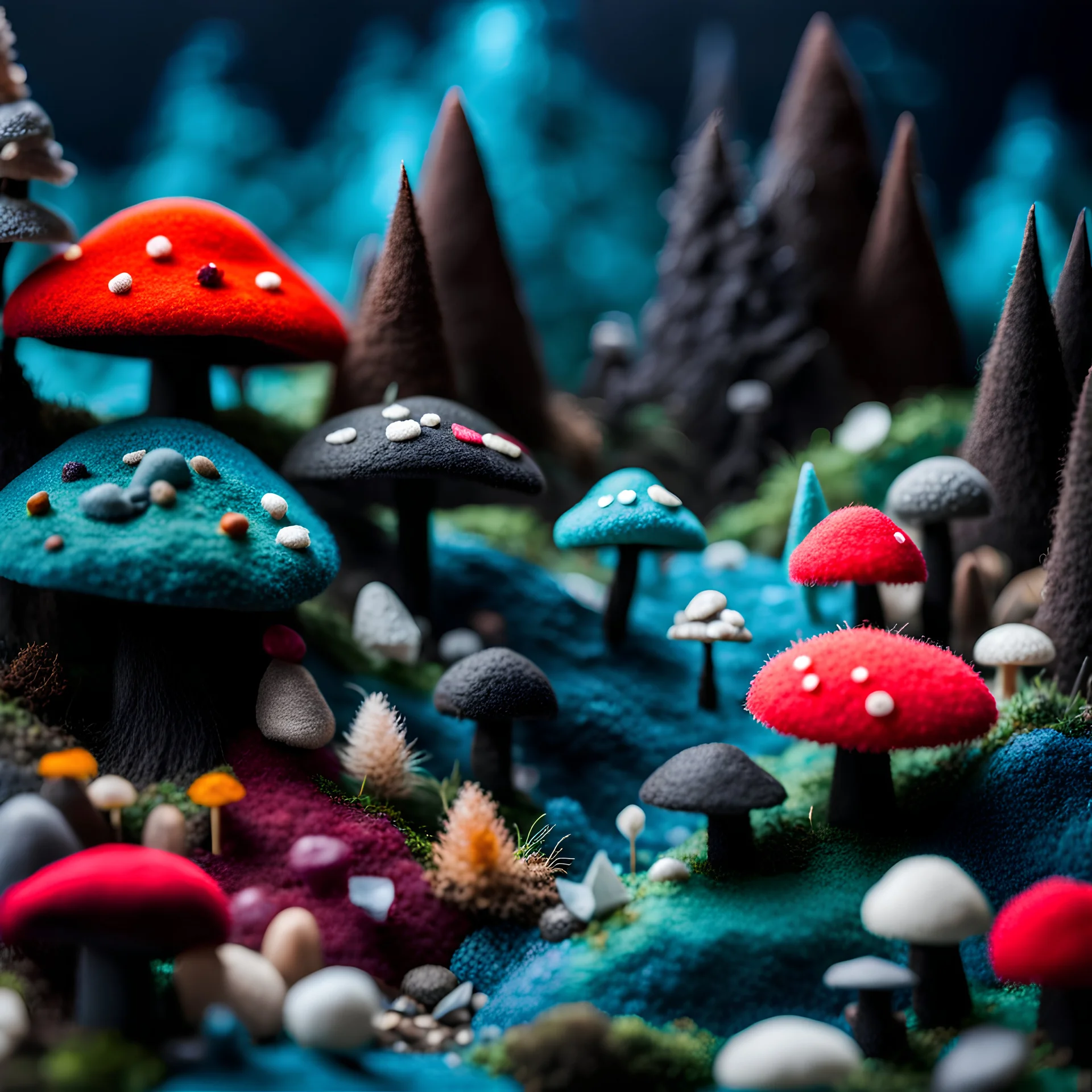 Close-up photograph of detailed creepy landscape made of felt, crystallizations, figure, animals, fungi, crystals, mineral concretions, sun, Amano, Roger Dean, strong texture, intricate, colours, Max Ernst, rich moody colors, bokeh, Tim Burton, Harry Potter, 33mm photography