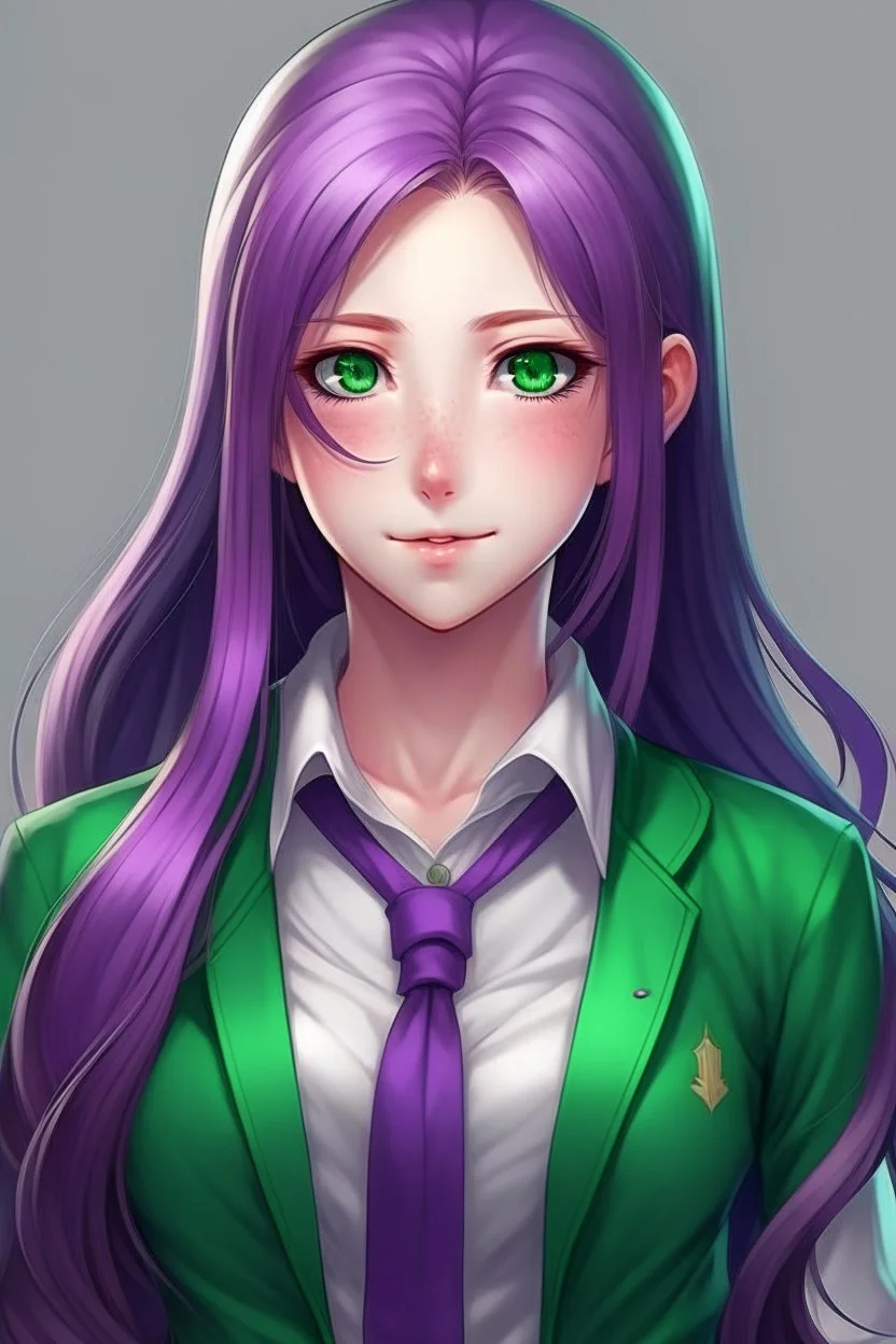 beautiful woman with green eyes and long purple hair anime realistic in a school uniform